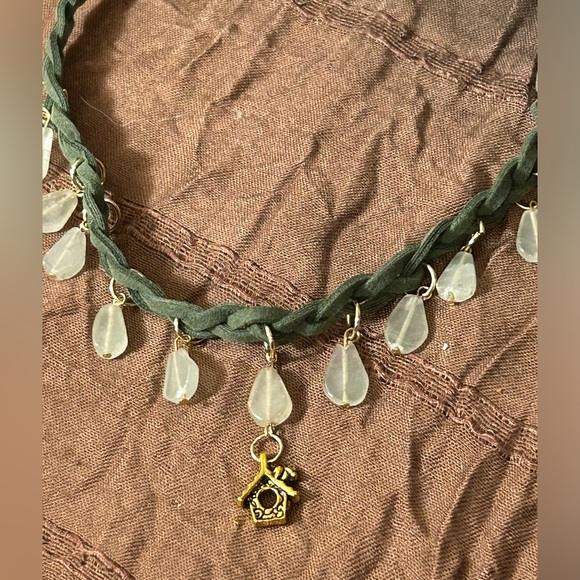 Green Faux Suede choker w/ gold birdhouse - Picture 2 of 8